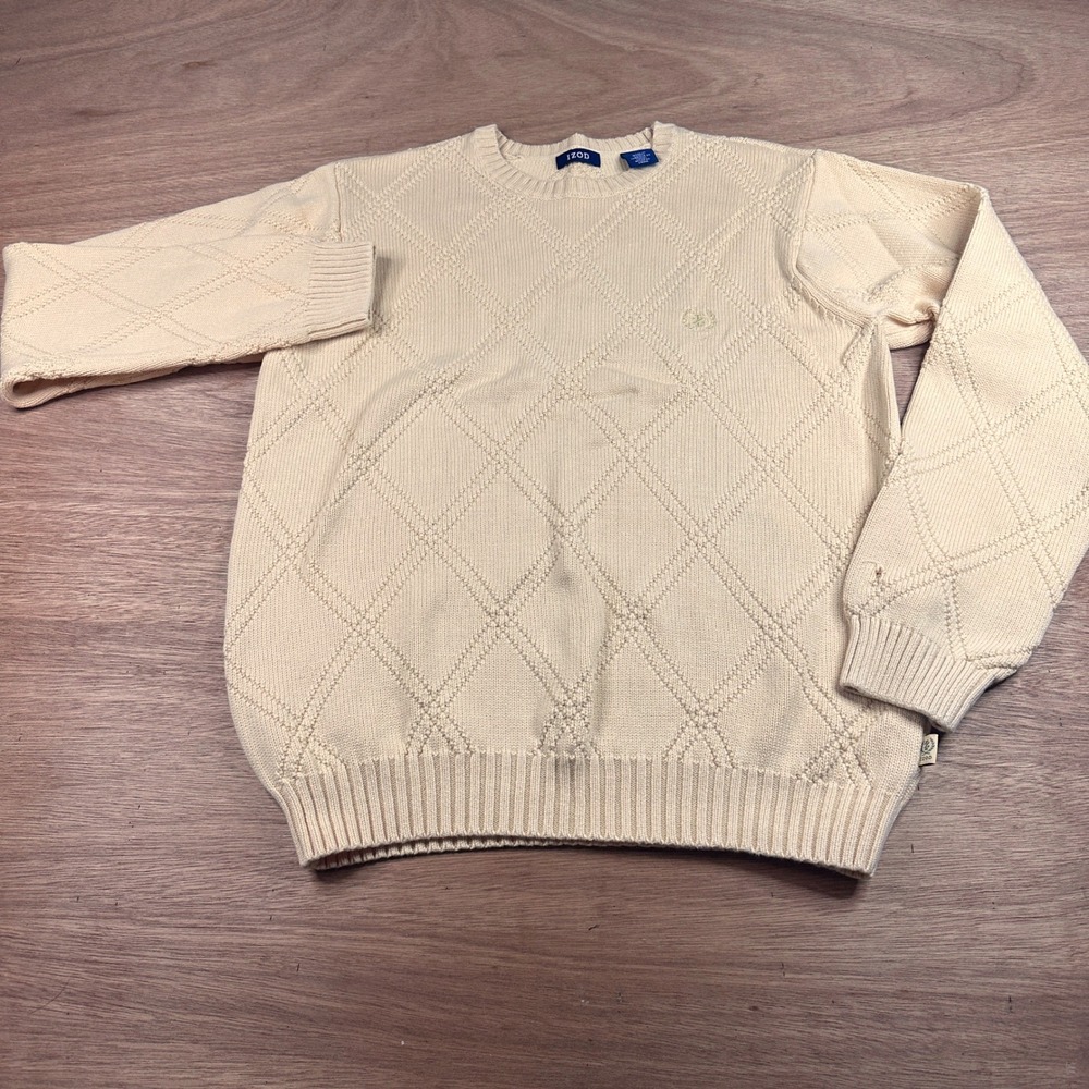 IZOD Mens Small Yellow Diamond Knit Crew Neck Cotton Sweater 100% Cotton